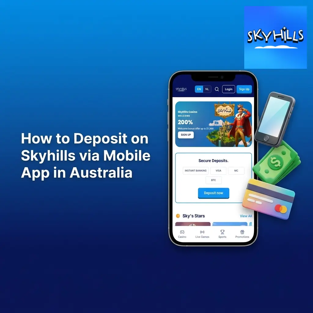 Skyhills mobile app deposit process on iOS and Android showing cashier screen with AUD payment options
