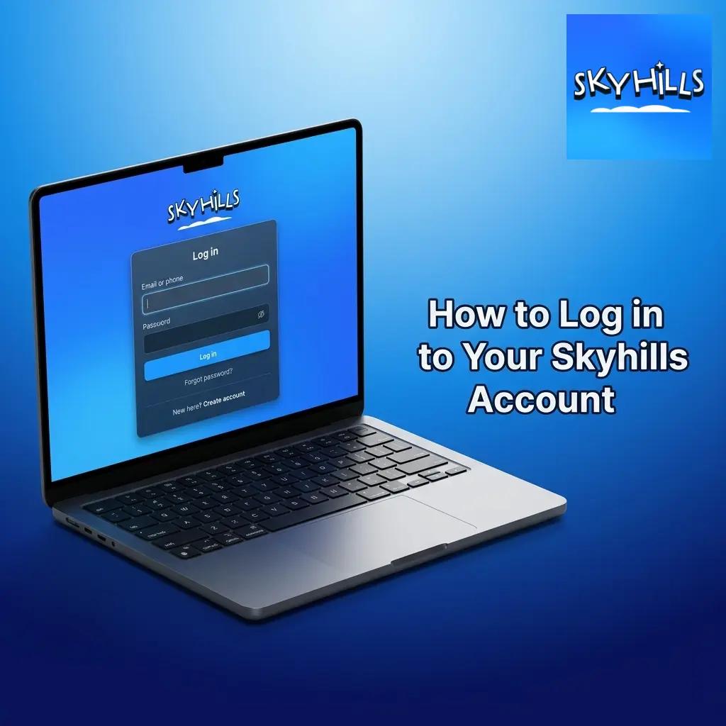 Skyhills account login screen showing sign-in panel with email, password fields and social login options for full account access