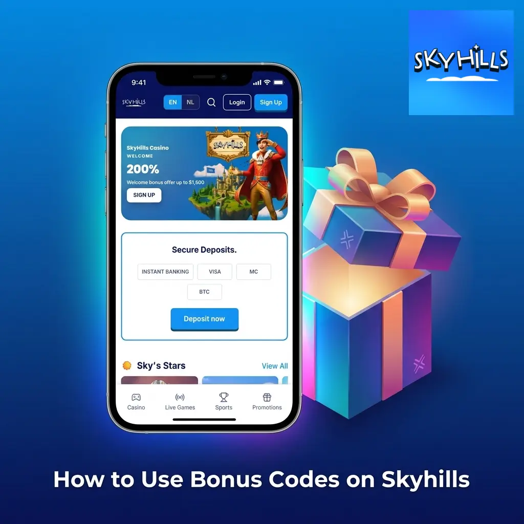 Skyhills casino bonus code entry field during deposit process with promo code instructions on screen