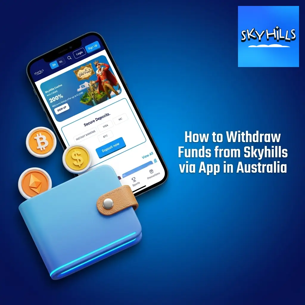 Skyhills app withdrawal steps on mobile in Australia showing cashier, method selection, and AUD amount entry