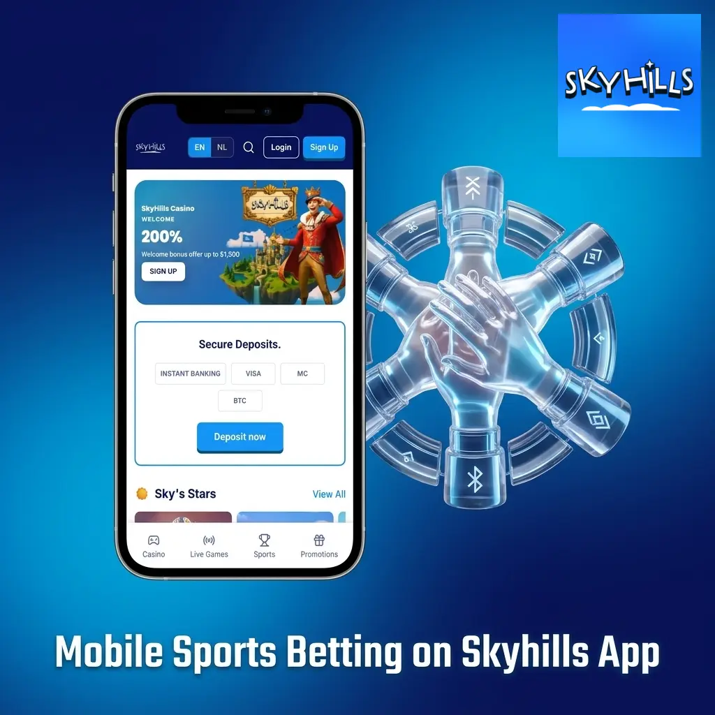 Skyhills betting app sports menu showing AFL, cricket, football, tennis, esports and racing markets on mobile