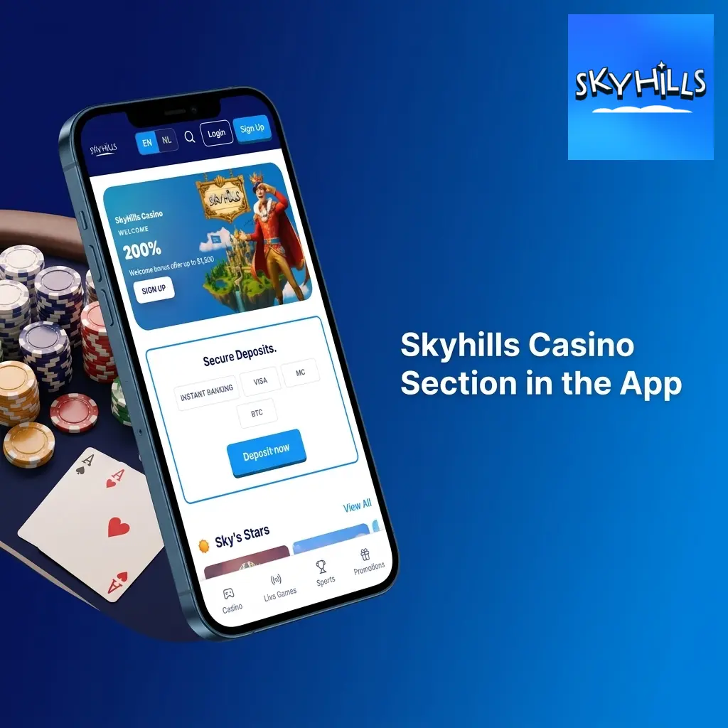 Skyhills casino app gaming library showing slots, live casino, table games, jackpot, crash games and poker categories