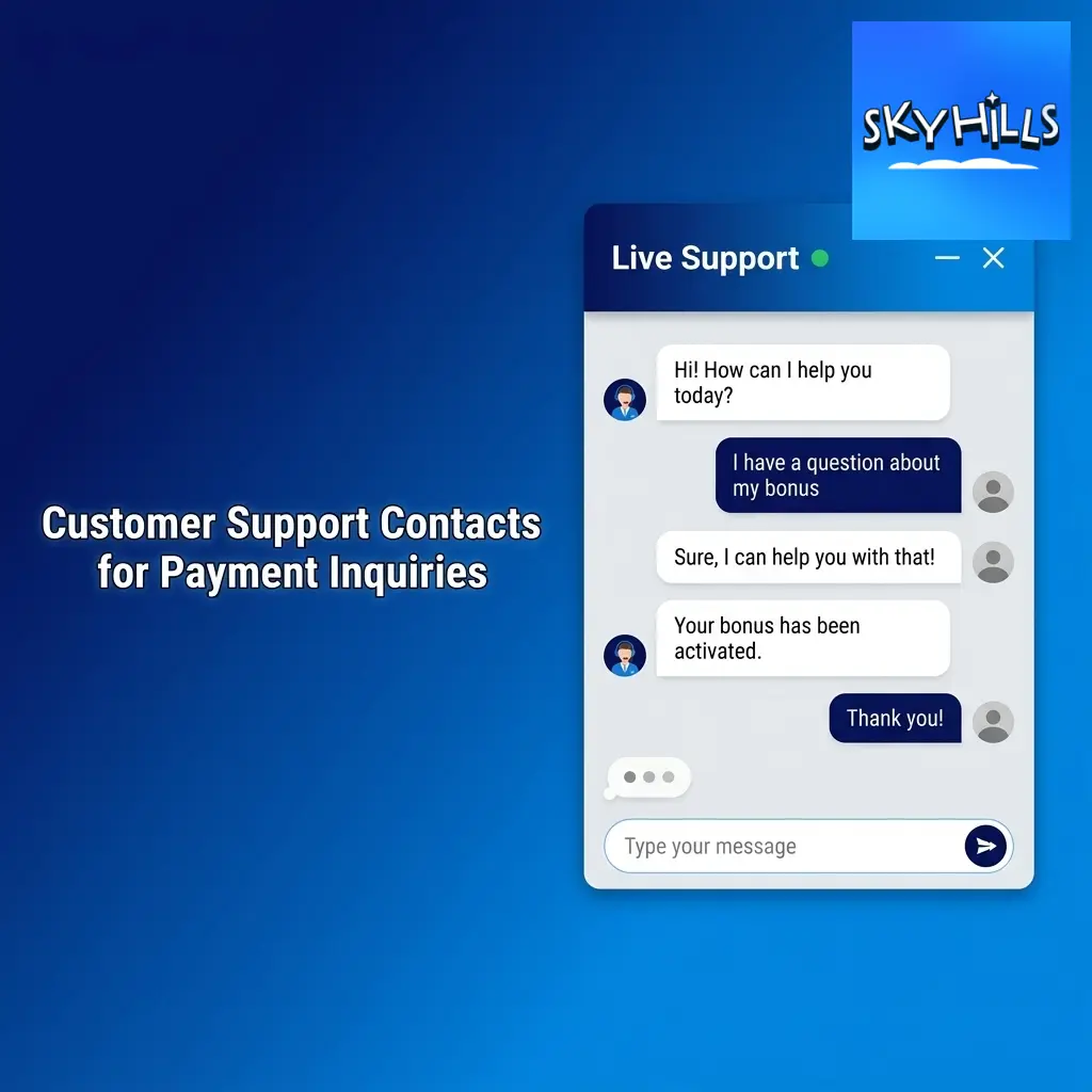 Skyhills customer support contacts for payment inquiries including live chat, email, and help centre options