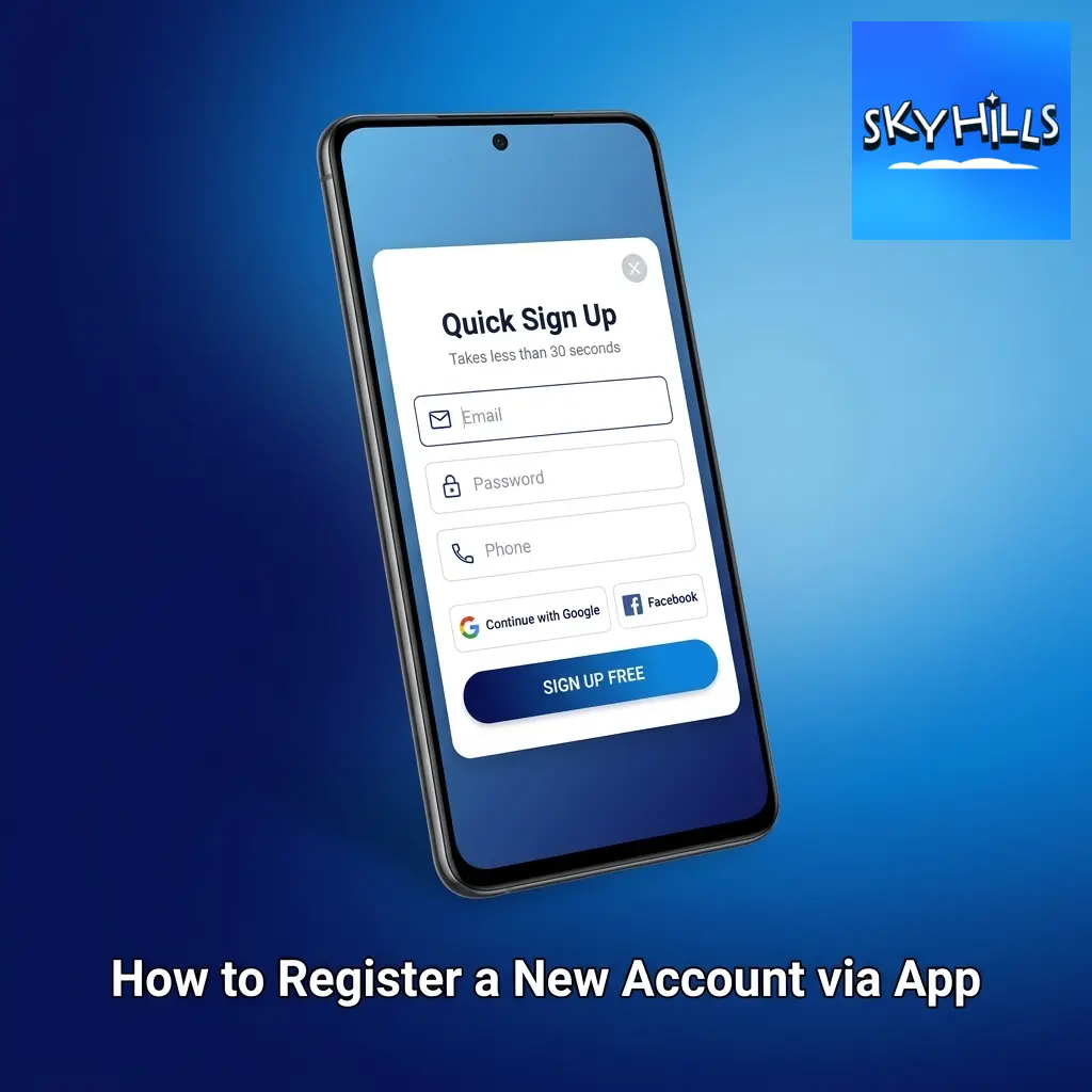 Skyhills app registration steps showing sign-up form with fields for personal details, currency selection, and account verification