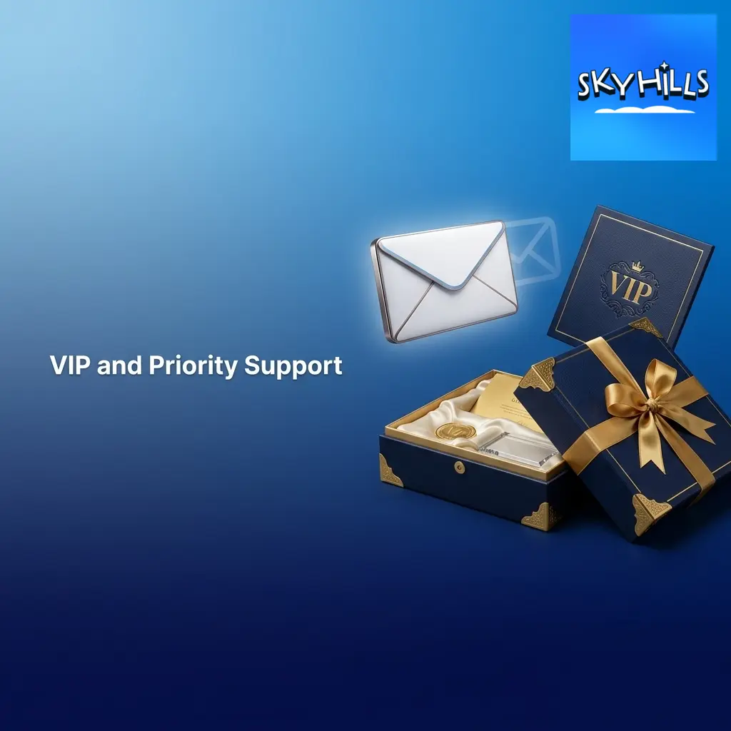 Skyhills VIP and priority support options for high-tier players, including dedicated email, live chat, and phone access