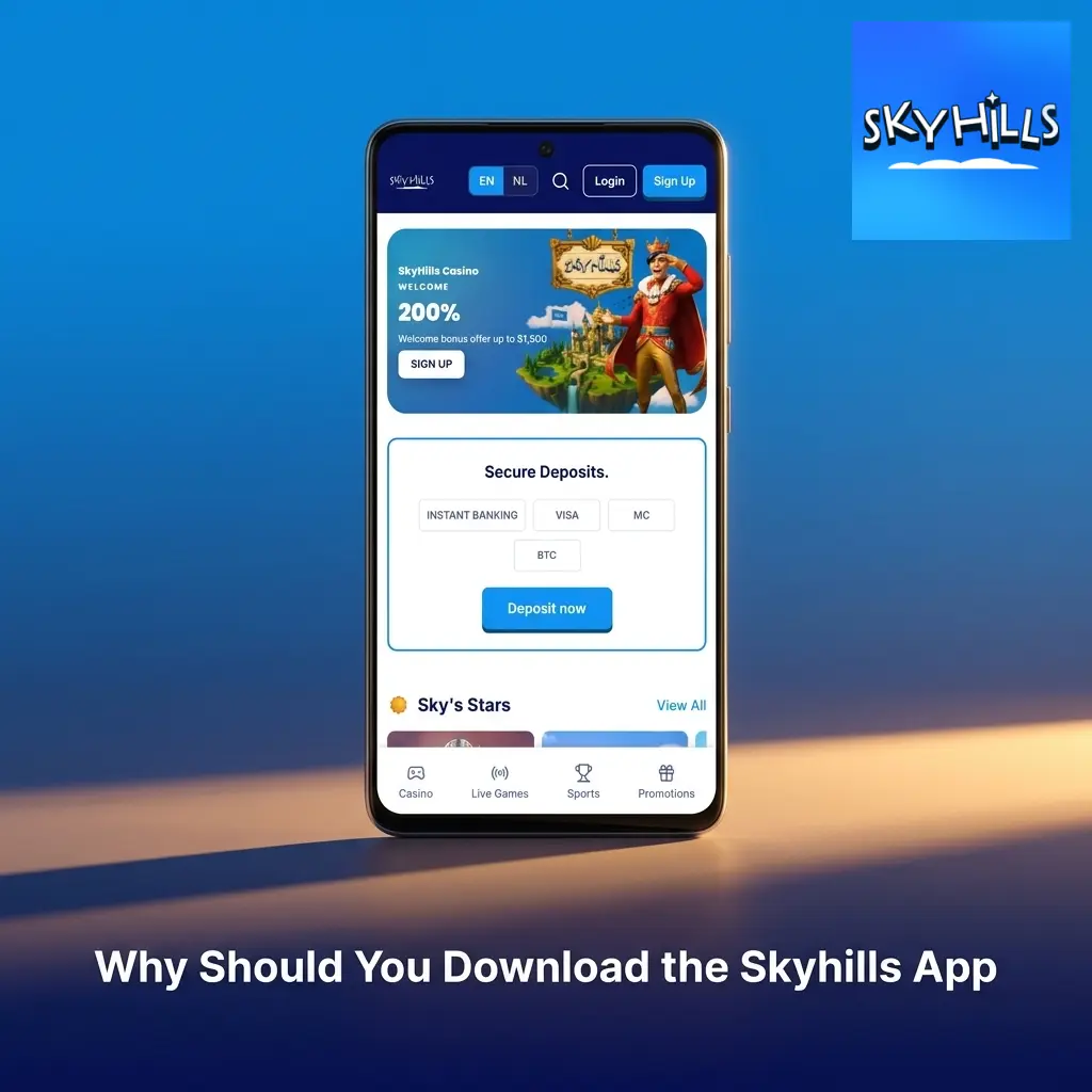 Skyhills mobile app features for Australian players including 200% welcome bonus up to AUD 1,500 and live casino access