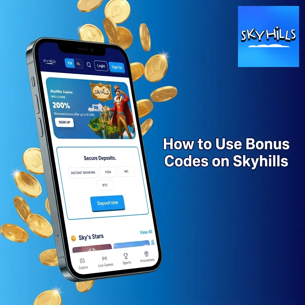Step-by-step guide showing how to enter and redeem a bonus code during deposit on Skyhills