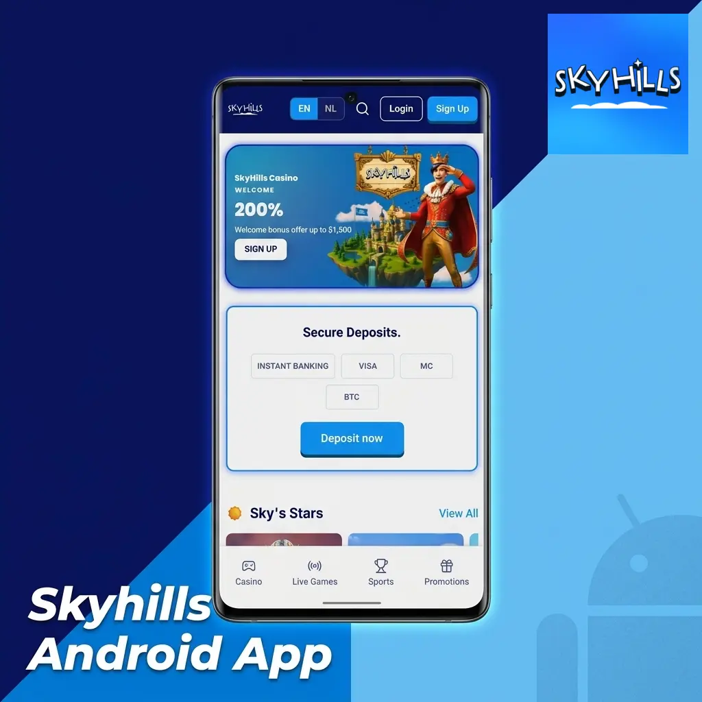 Skyhills Android app APK installation guide showing download and setup steps for Android 8.0+ devices