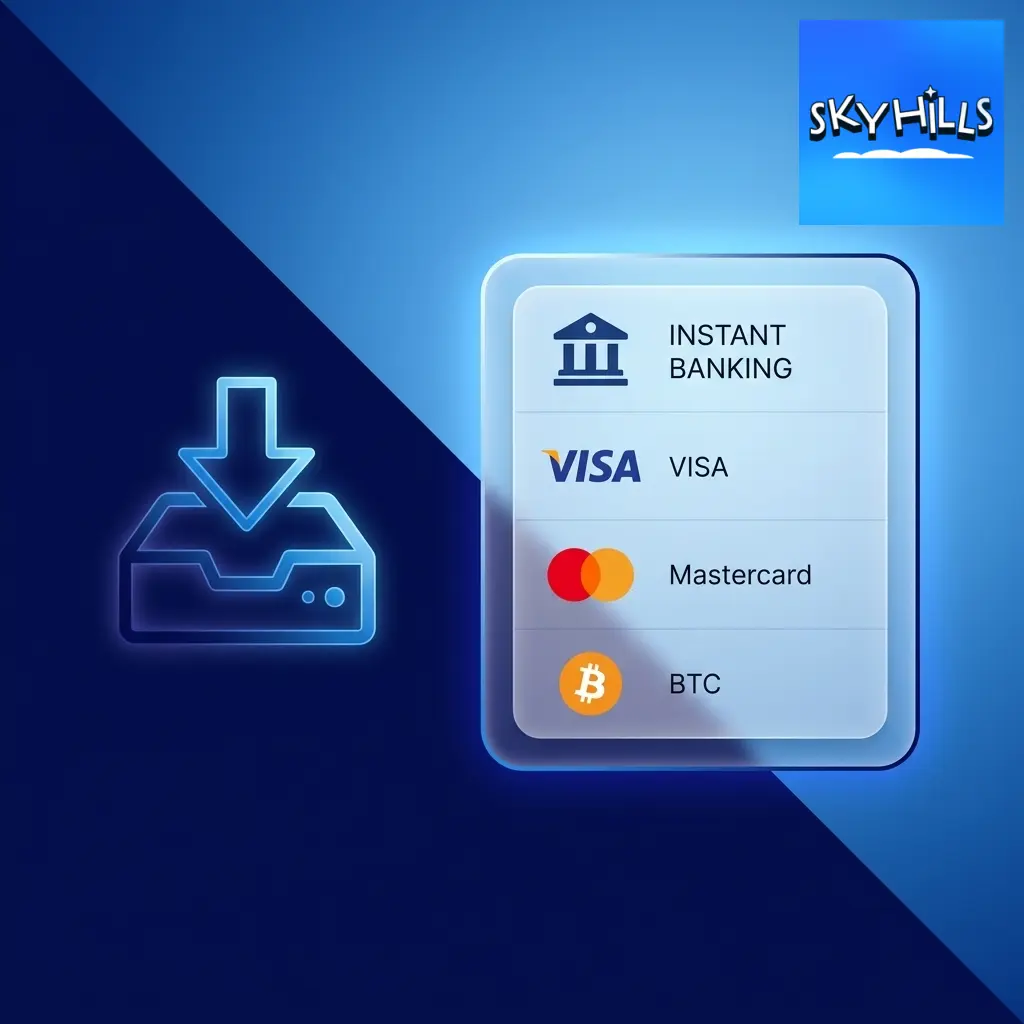 Skyhills casino deposit methods including PayID, Visa, Mastercard, Bitcoin, Neosurf and Skrill payment options