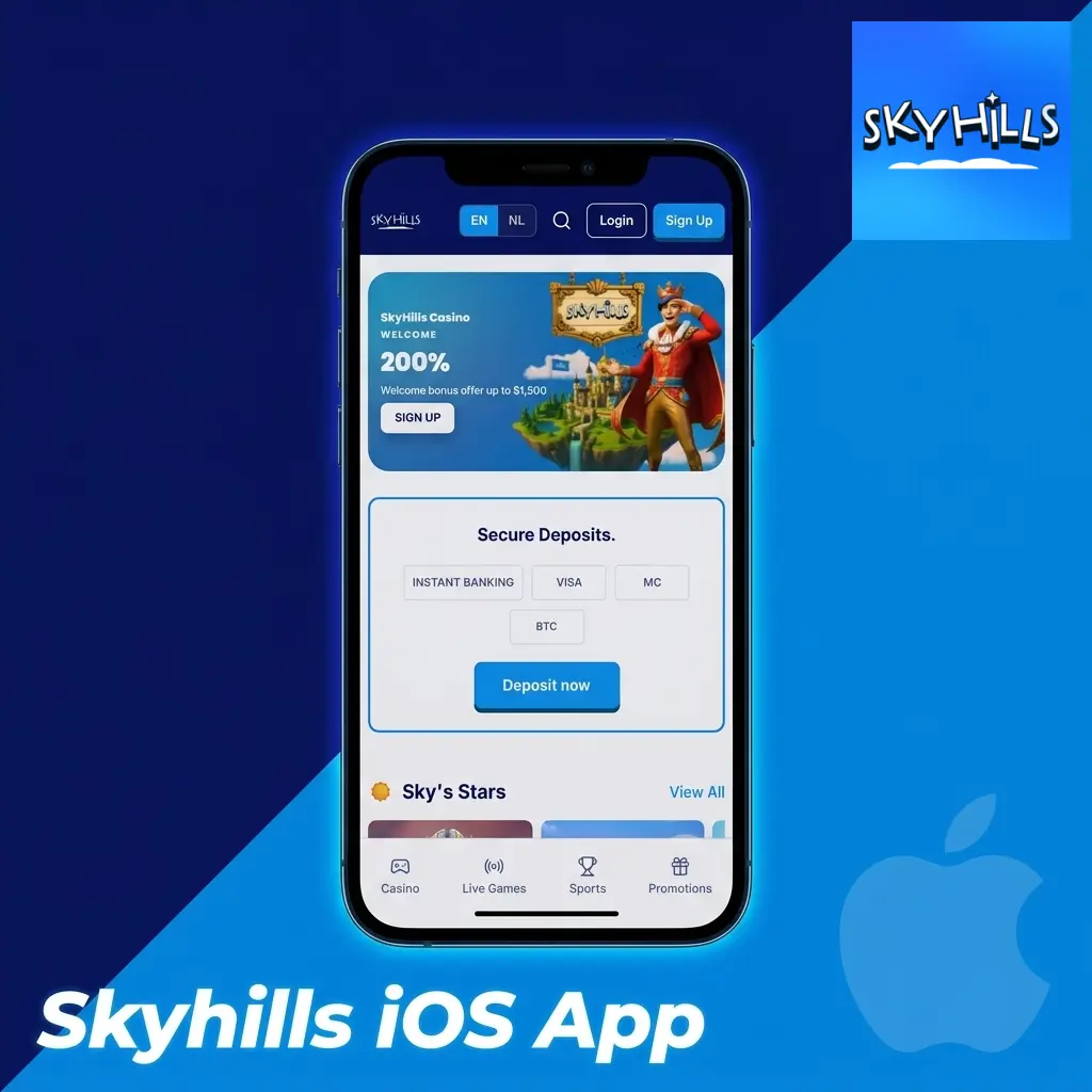 Skyhills iOS app shortcut setup via Safari, showing Add to Home Screen steps for casino access.