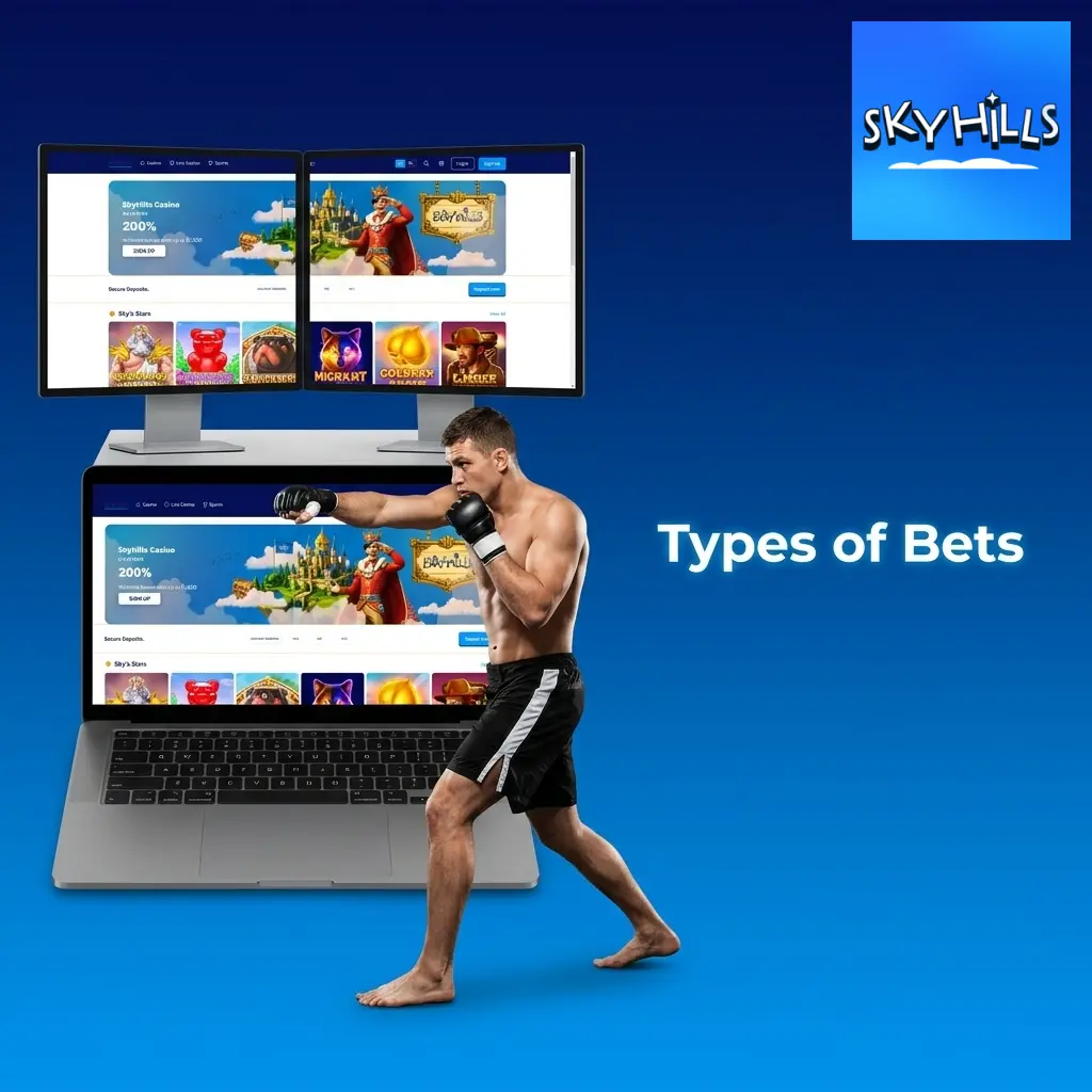 Skyhills bet slip showing three bet types: Single, Parlay, and System betting formats