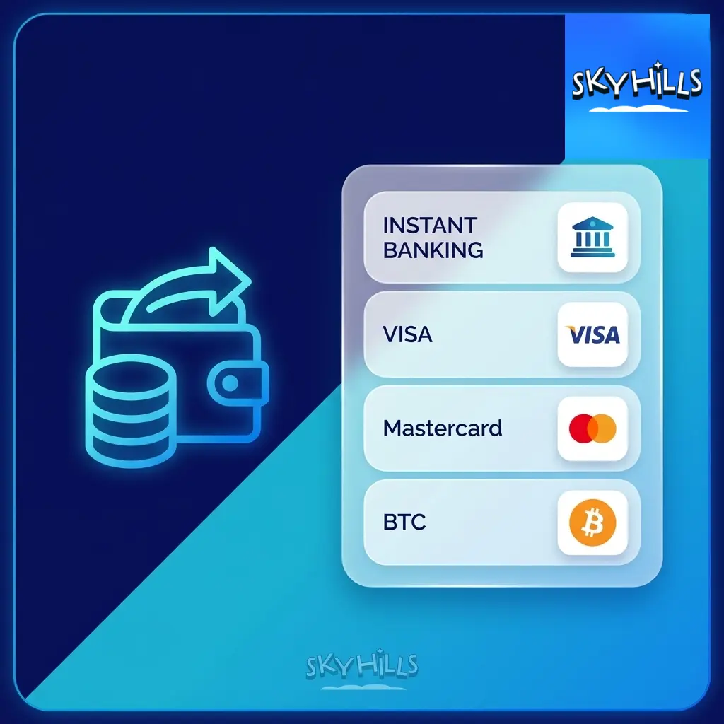 Skyhills withdrawal methods including PayID, Visa, Mastercard, Bitcoin, Neosurf, and Skrill for secure payouts
